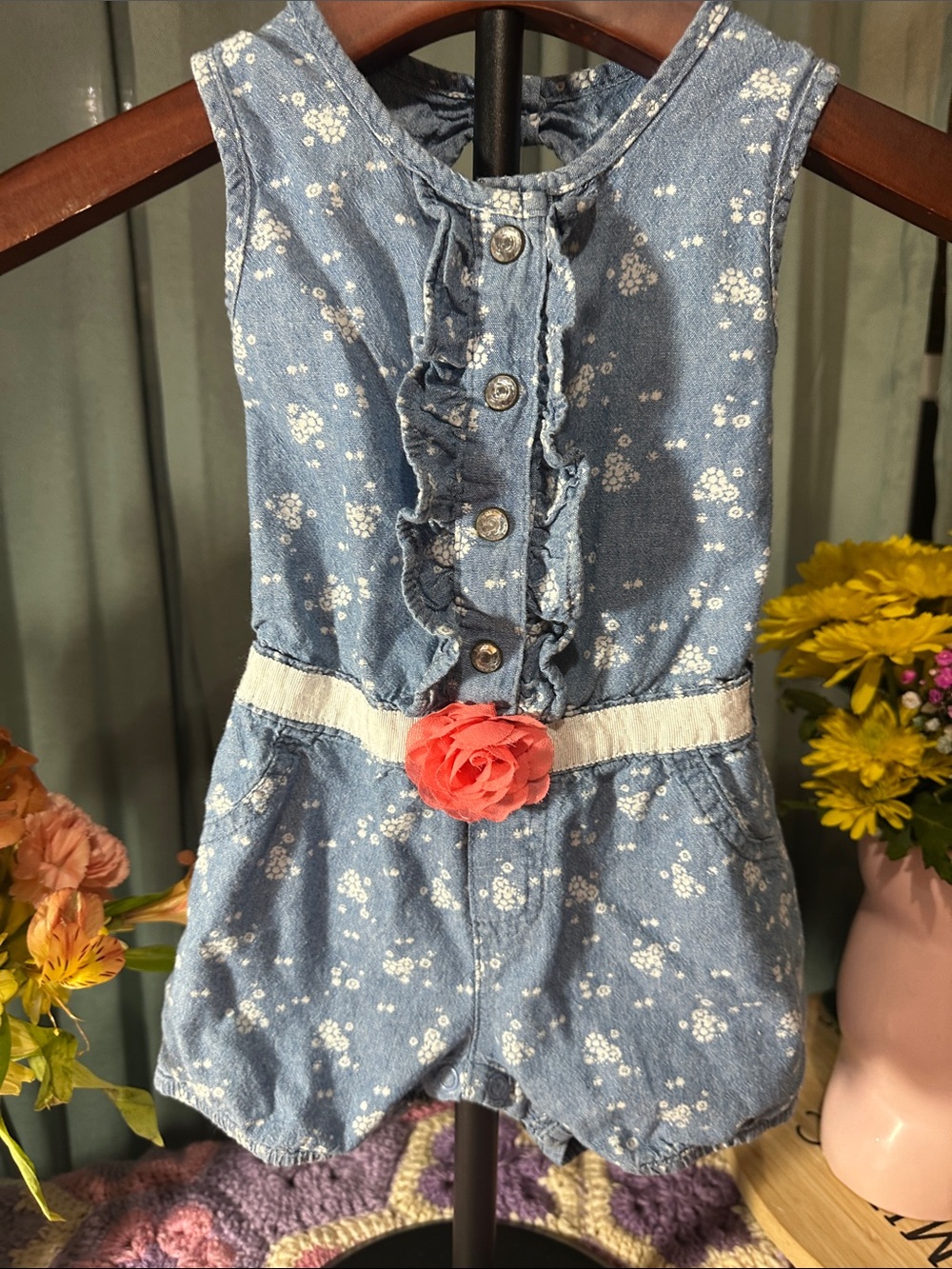 🎉 Little Lass Blue Floral Denim Romper with Coral Flower Belt. C320